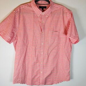 Aeropostale Mens XL Short Sleeve Button Down Shirt Coral White Striped Cotton